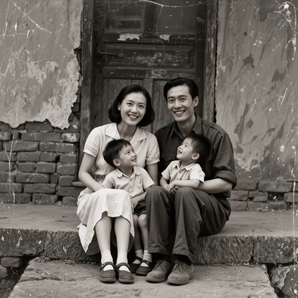 Black-and-white photo of a family of four sitting on stone steps in front of an old door