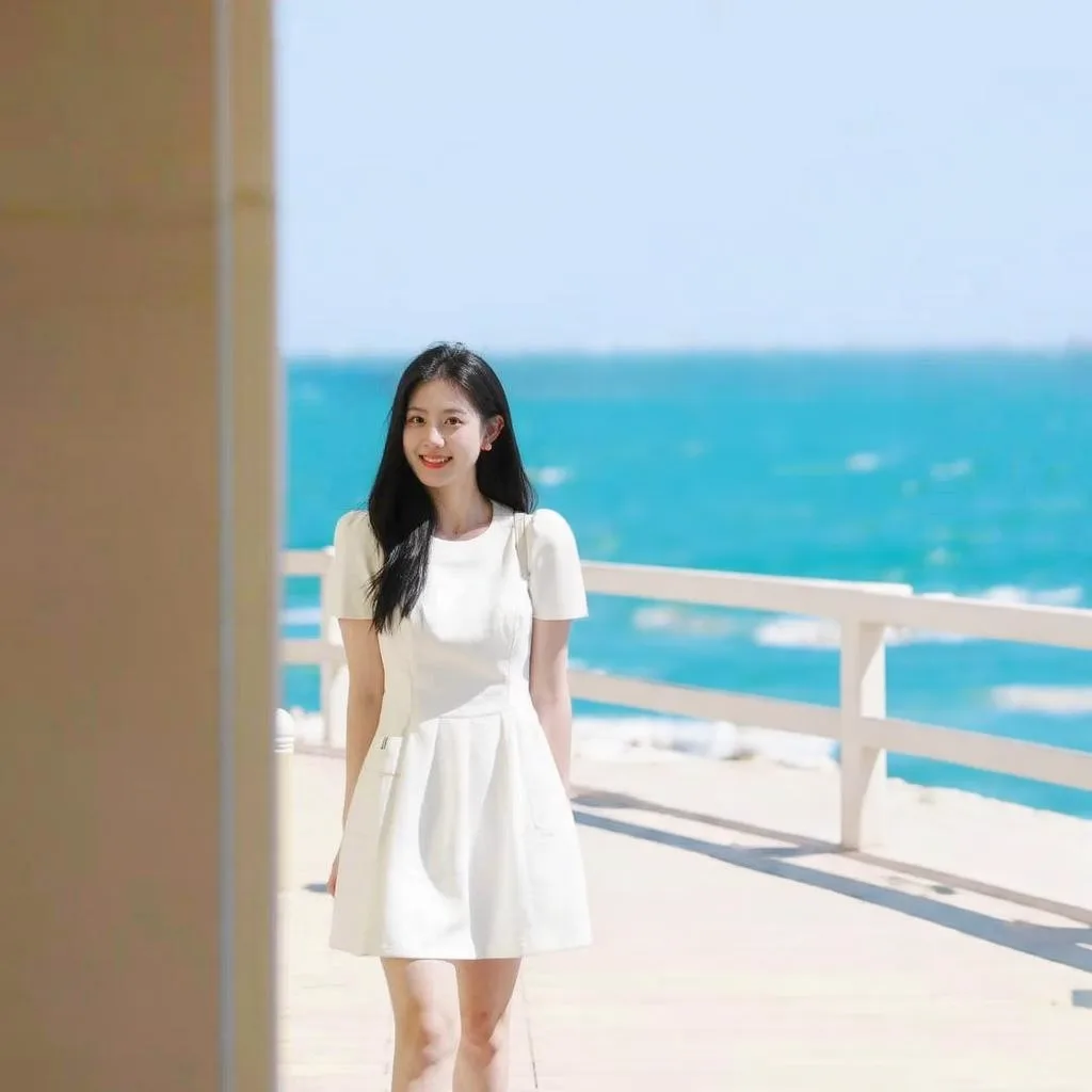 The same seaside photo with the tourists and red bin removed: just the woman and the sea